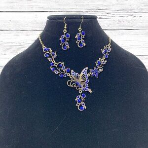 Vintage Crystal Butterfly Necklace and Earring Set Gold & Blue 16"L/2”L